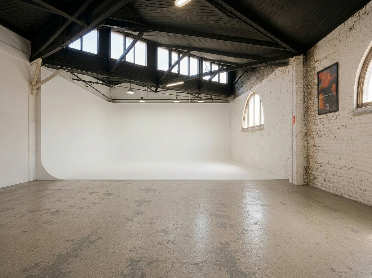 Main studio view with new white cyclorama